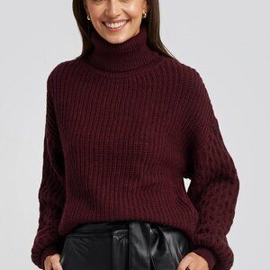 NA-KD Sleeve Detailed polo turtleneck chunky sweater wine burgundy new XS